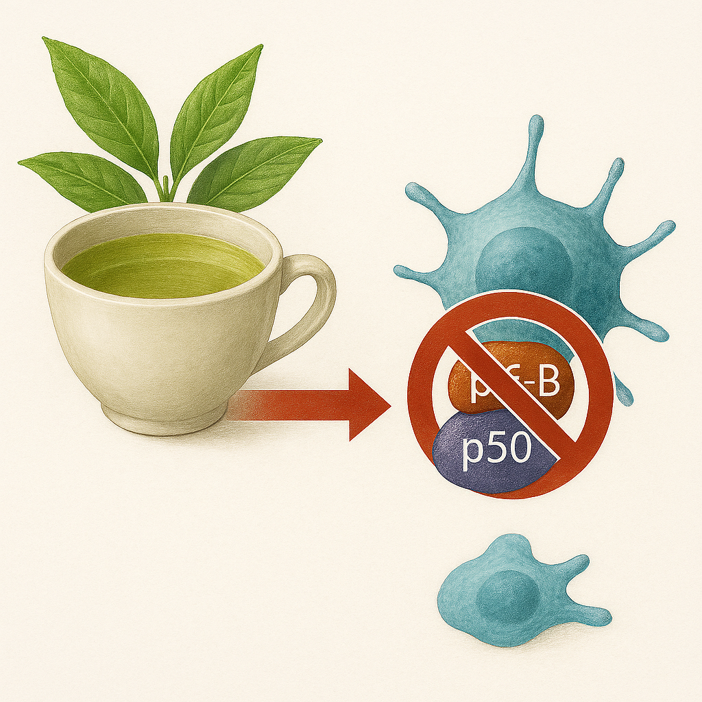 Photorealistic image showing a white ceramic cup filled with warm green tea, accompanied by fresh green tea leaves. A red arrow points from the tea to a molecular diagram of NF-κB (p65/p50) with a prohibition symbol, leading to a healthy blue human cell with visible nucleus and pseudopodia.