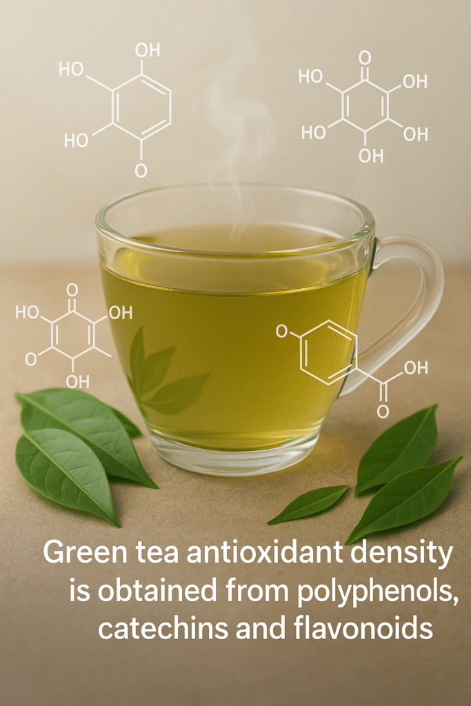 Glass cup of green tea with fresh leaves, showing its richness of molecular structures representing polyphenols, catechins, and flavonoids.