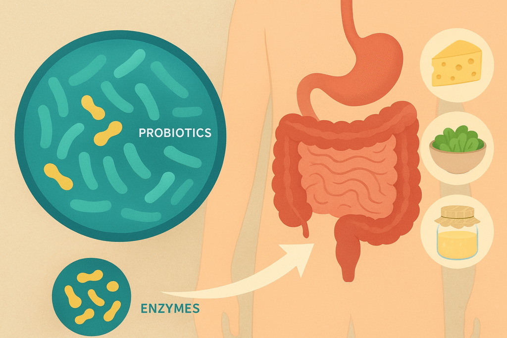 Scientific illustration showing probiotics and enzymes under a microscope on the left, with a human digestive system and fermented foods like cheese, vegetables, and a jar of drink on the right, symbolizing gut microbiome support.