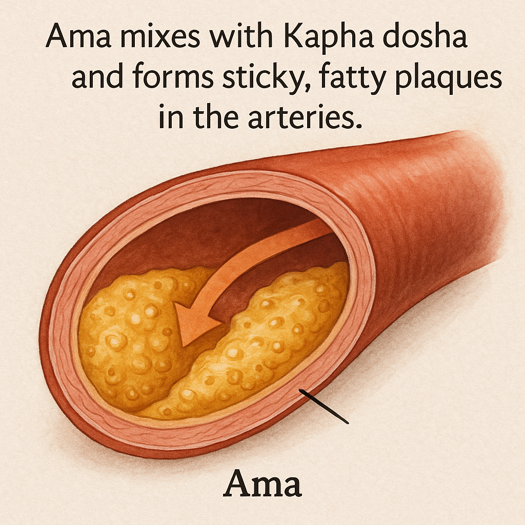 An illustration from Ayurveda that shows how Ama and Kapha dosha combine to form fatty, sticky deposits inside arteries.