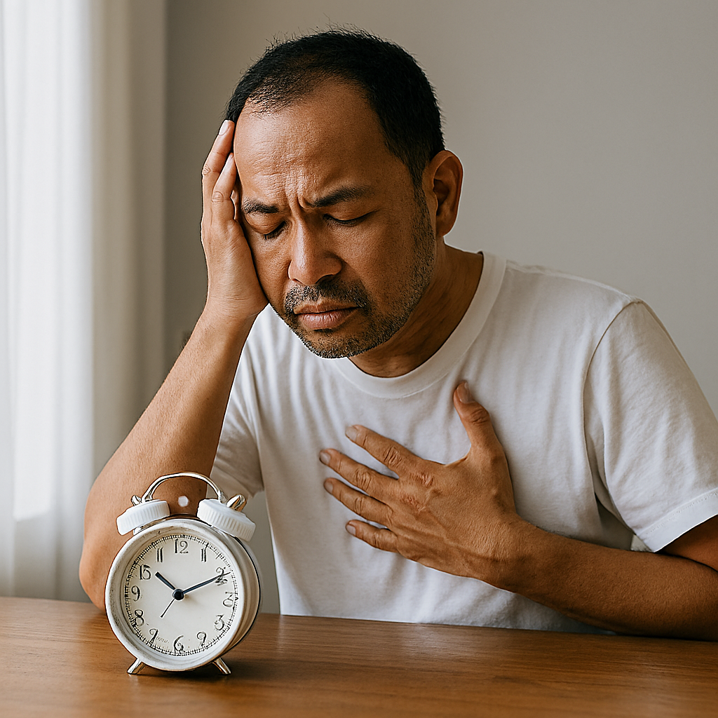 Middle-aged man in a white T-shirt sits at a wooden table, eyes closed and hand over his heart, with a clock in front of him—expressing discomfort during fasting.