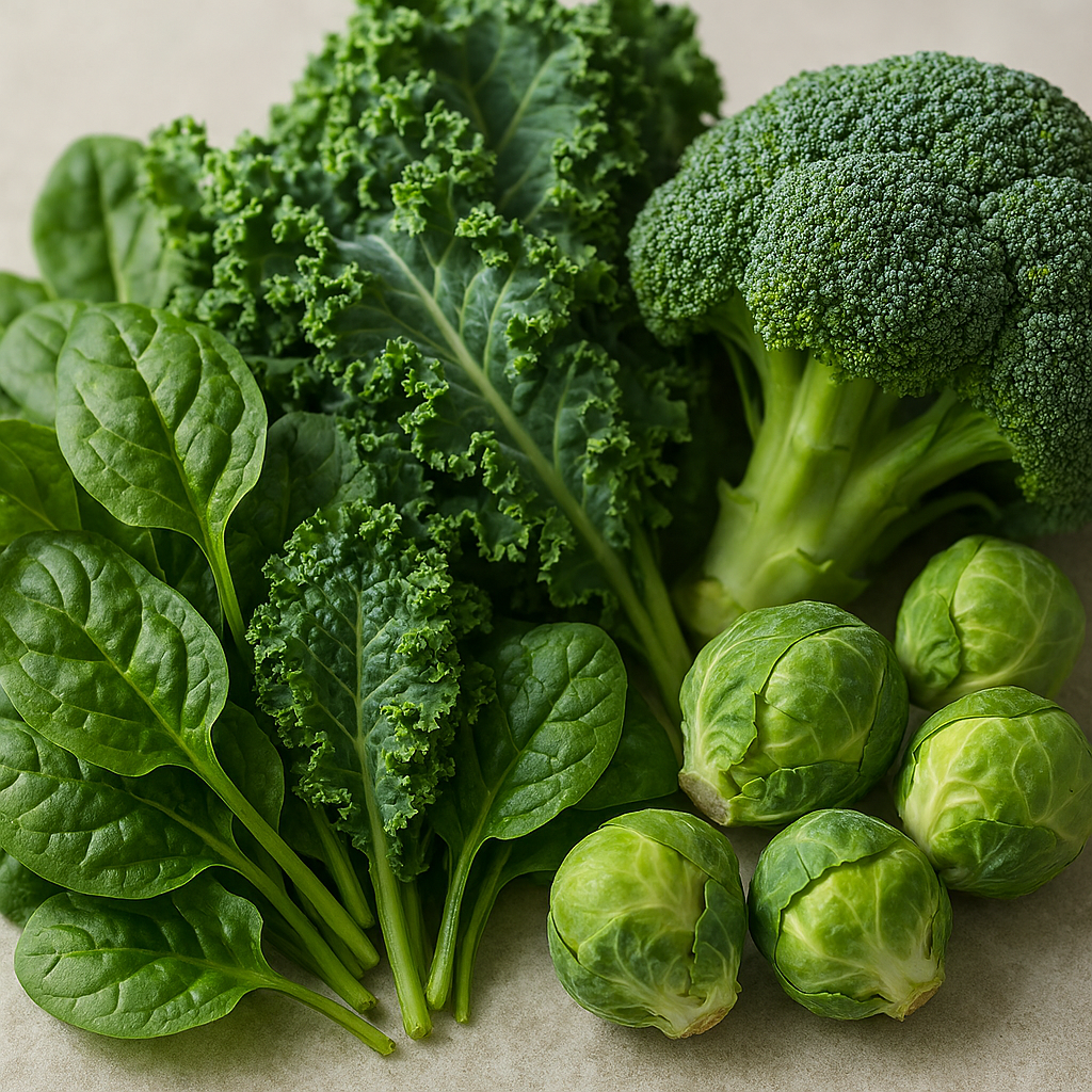 A close-up of fresh spinach, kale, broccoli, and Brussels sprouts arranged together, showcasing their vibrant green hues and varied textures. These vegetables are known for their anti-inflammatory properties.