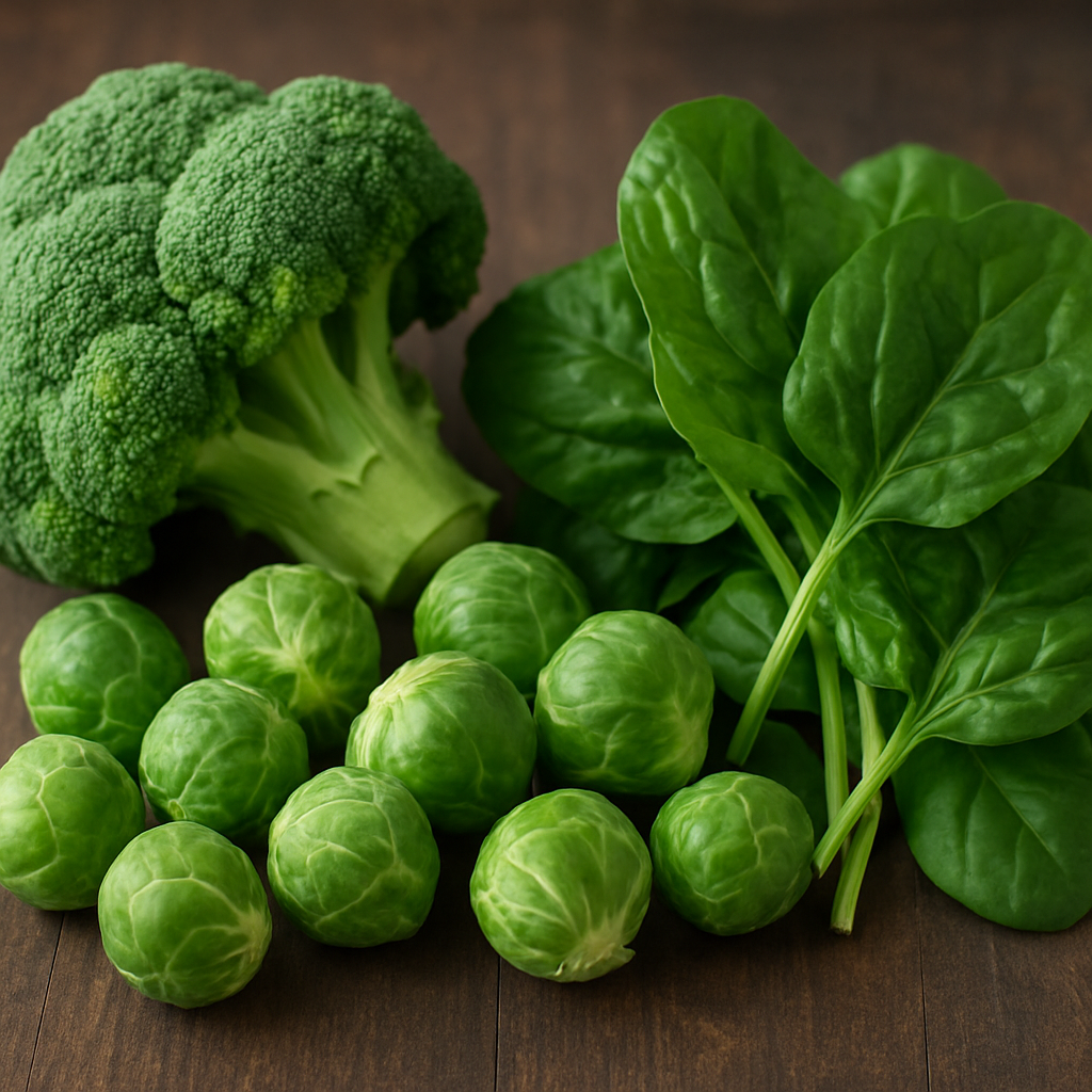 Fresh broccoli, Brussels sprouts, and spinach leaves arranged on a wooden surface.