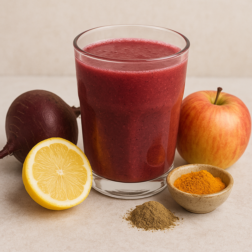 Glass of beetroot smoothie with lemon, apple, turmeric powder, and rhodiola powder on a light background