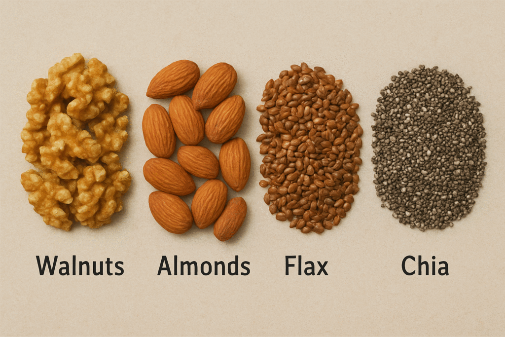 Realistic image showing walnuts, almonds, flax seeds, and chia seeds arranged in separate piles on a plain background.