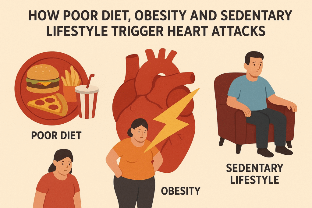 Infographic on heart attack prevention showing poor diet, obesity, and sedentary lifestyle as major risk factors for heart disease.