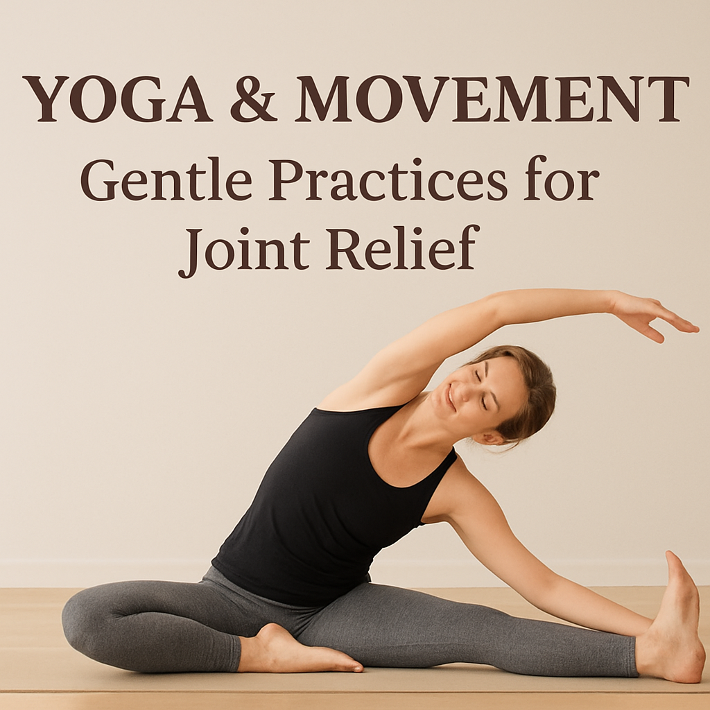 Woman practicing a gentle seated yoga side bend on a mat, symbolizing yoga and movement for joint relief.