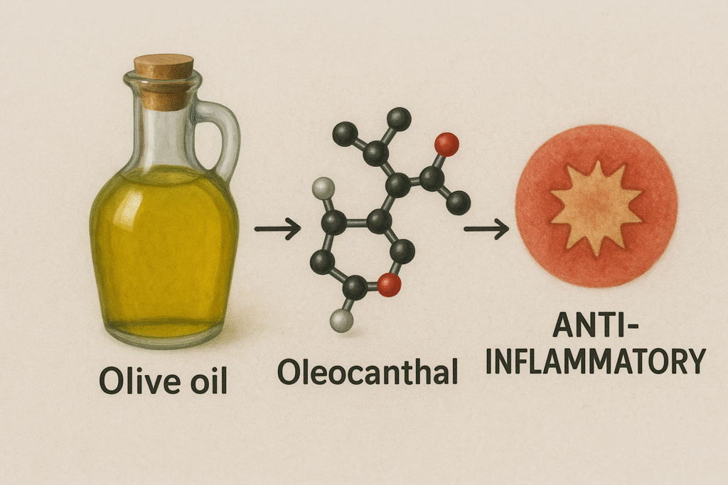 Realistic image showing olive oil, oleocanthal molecule, and its anti-inflammatory effect by blocking COX enzymes.