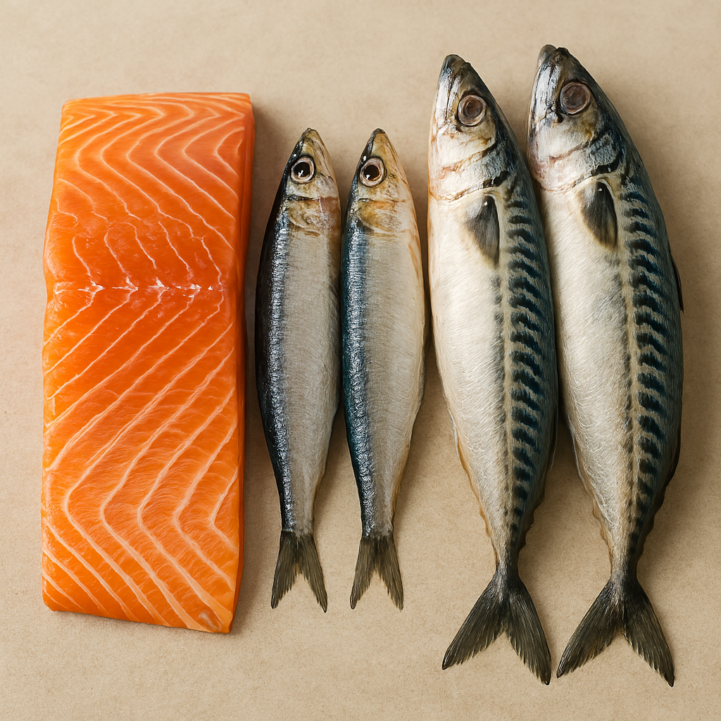 A close-up of raw salmon fillet, whole sardines, and mackerel arranged on a neutral surface. The fish display vibrant colors and textures, highlighting their richness in omega-3 fatty acids and anti-inflammatory benefits.