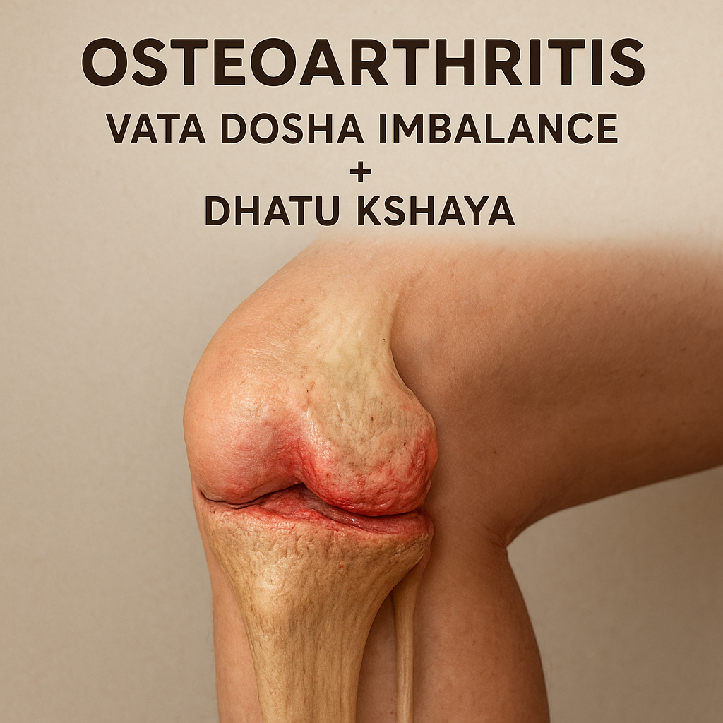 Realistic image of a knee joint with osteoarthritis showing cartilage degeneration, inflammation, and Ayurvedic concepts of Vata Dosha imbalance and Dhatu Kshaya.