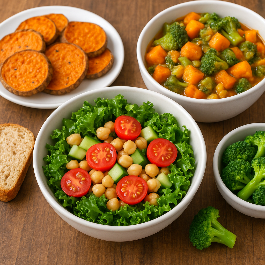 A plant-based no-oil meal including a fresh salad with lettuce, cucumber, cherry tomatoes, and chickpeas, served alongside broccoli, roasted sweet potatoes, and a vegetable stew.