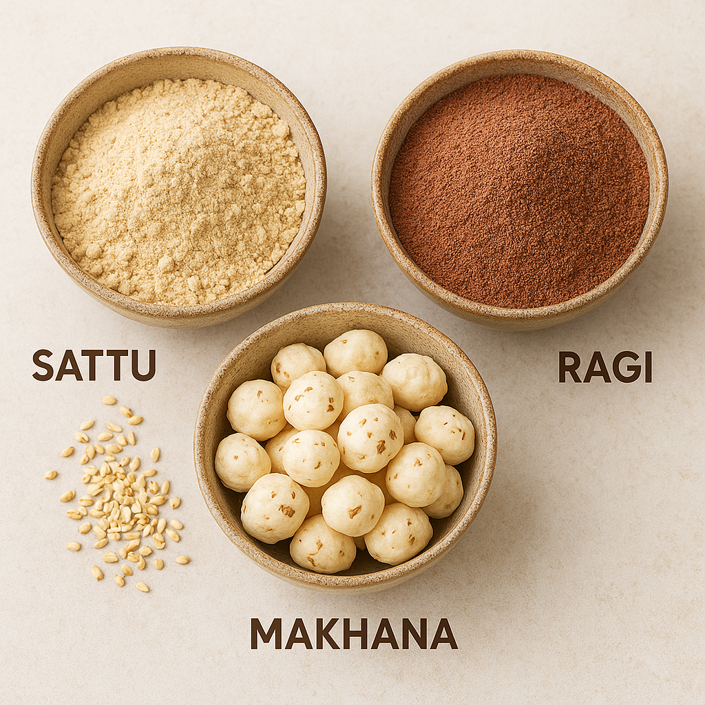 Three rustic bowls containing sattu powder, ragi flour, and puffed makhana placed on a neutral surface.