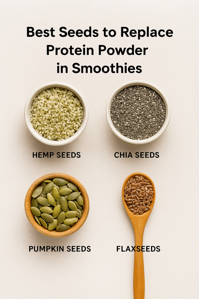 “Bowls of hemp seeds, chia seeds, pumpkin seeds, and flaxseeds displayed as the best natural protein-rich alternatives to replace protein powder in smoothies.”