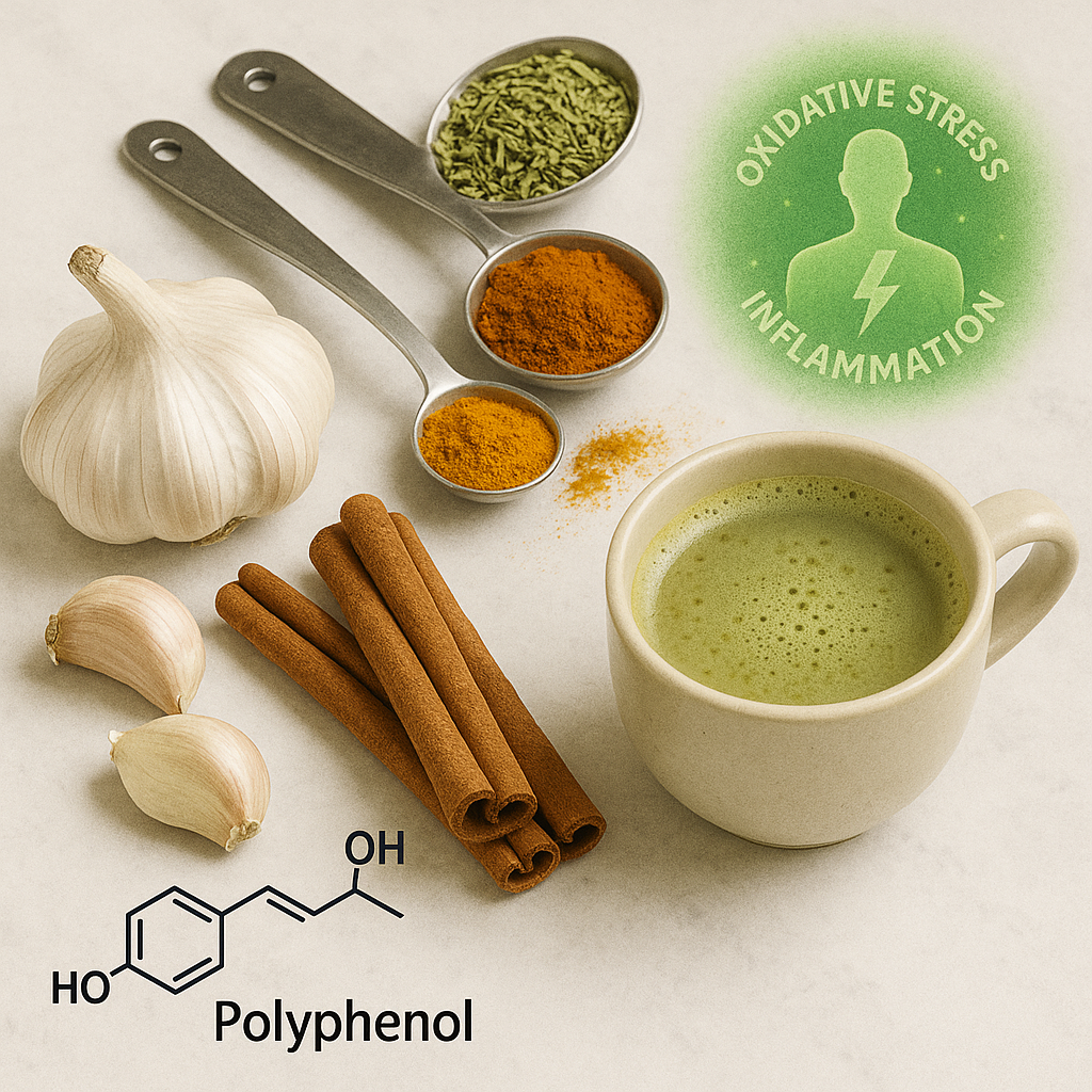 A realistic image showing garlic bulbs, cinnamon sticks, assorted spices, and a cup of green coffee with scientific illustrations of polyphenols and oxidative stress relief.