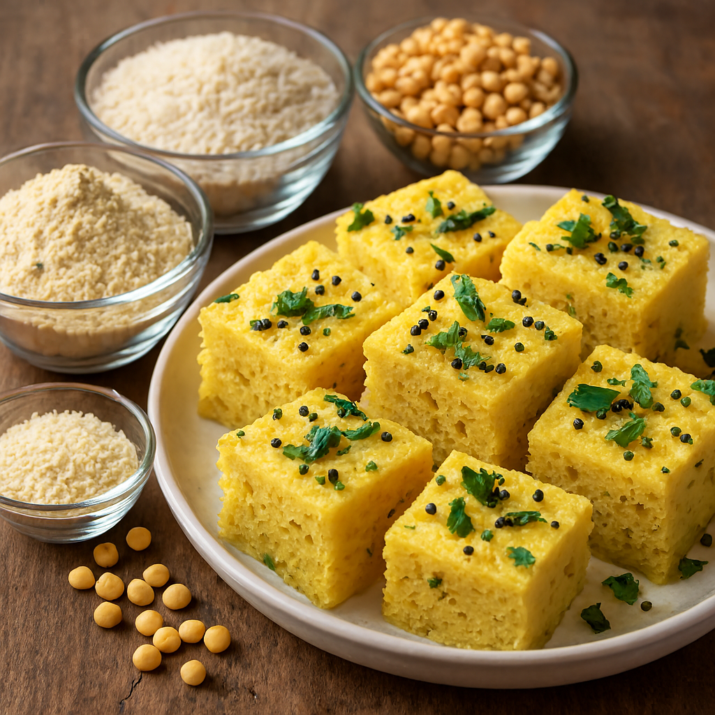 Close-up of yellow dhokla squares on a white plate, garnished with mustard seeds, cilantro, curry leaves, and green chilies. Surrounding the plate are glass bowls containing chickpea flour, uncooked rice, and chana dal, all placed on a rustic wooden surface.