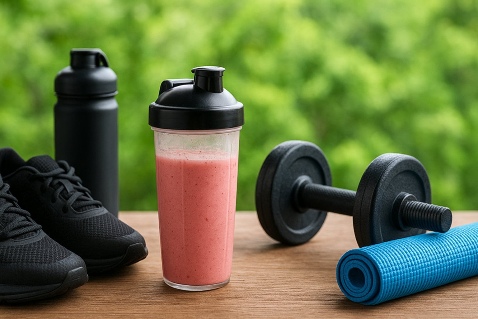 Workout essentials with a pink smoothie, dumbbell, exercise mat, water bottle, and running shoes on a wooden surface.
