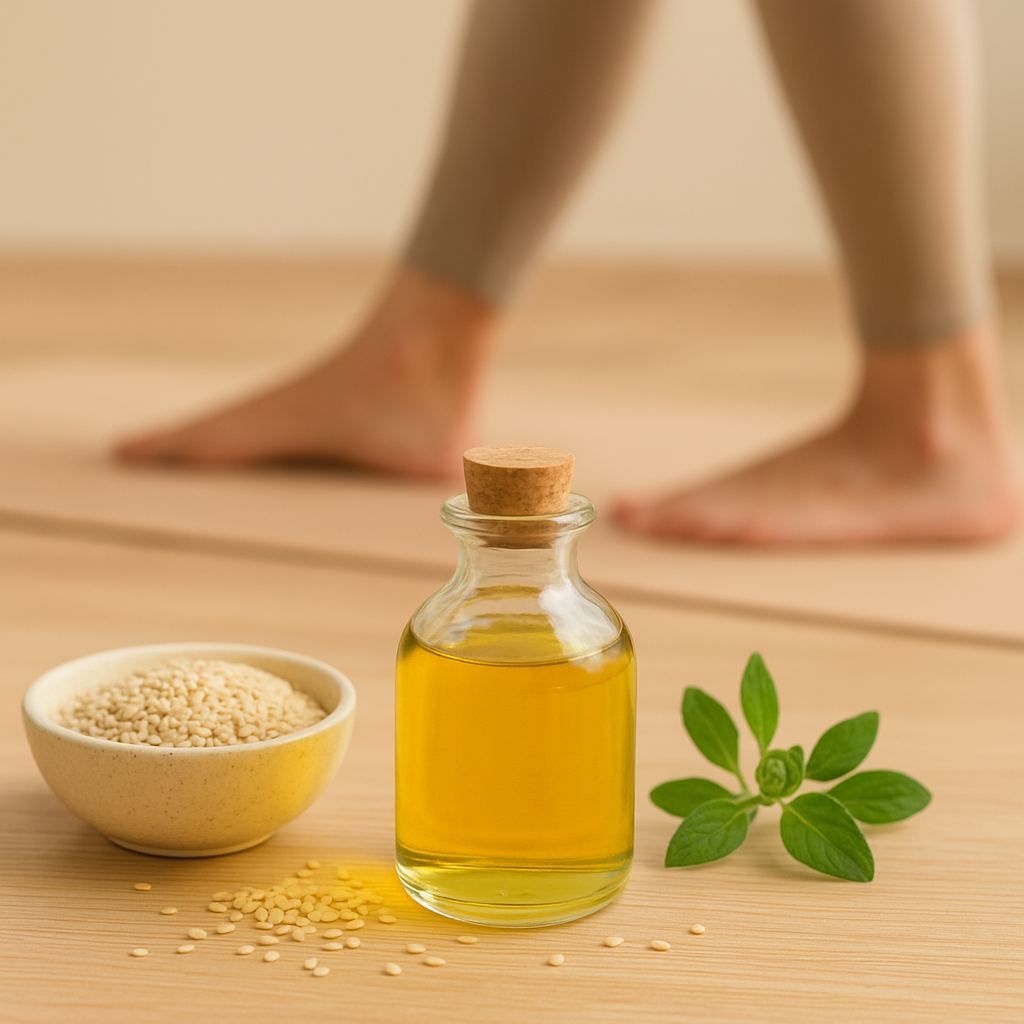 Bottle of sesame oil with sesame seeds and herbs on a wooden surface, with blurred background of a person walking on a yoga mat.