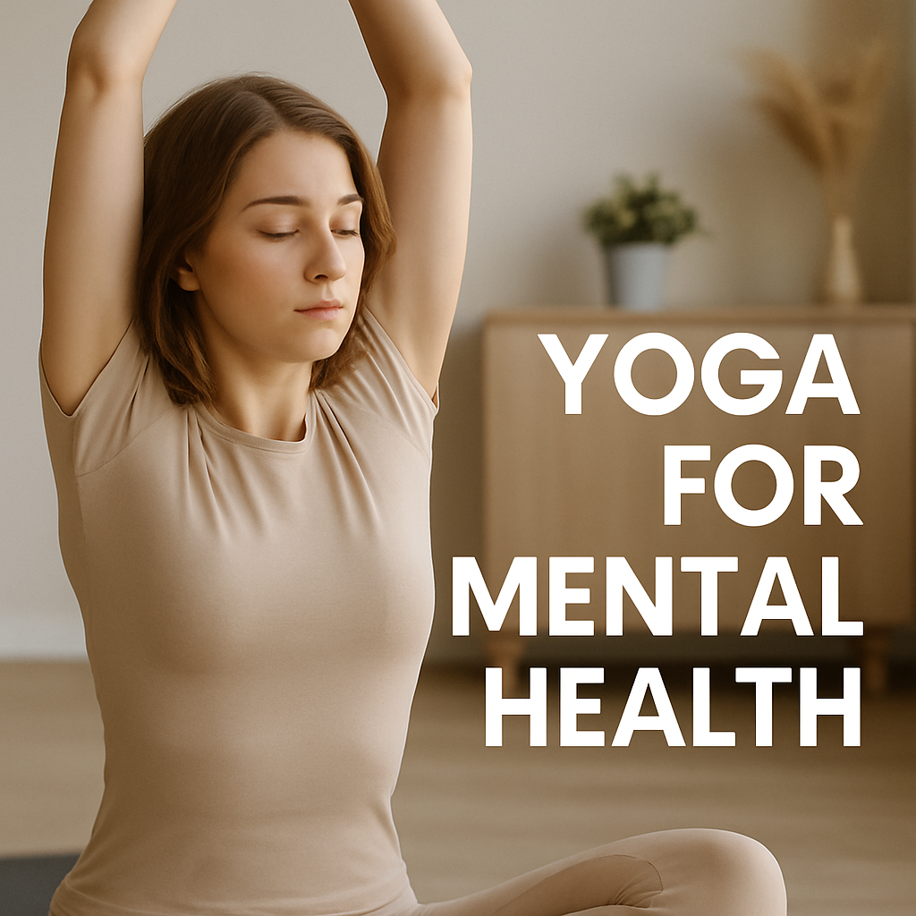 A calm young woman in a beige outfit sits on a yoga mat, stretching her arms upward with closed eyes, alongside the text "Yoga for Mental Health."