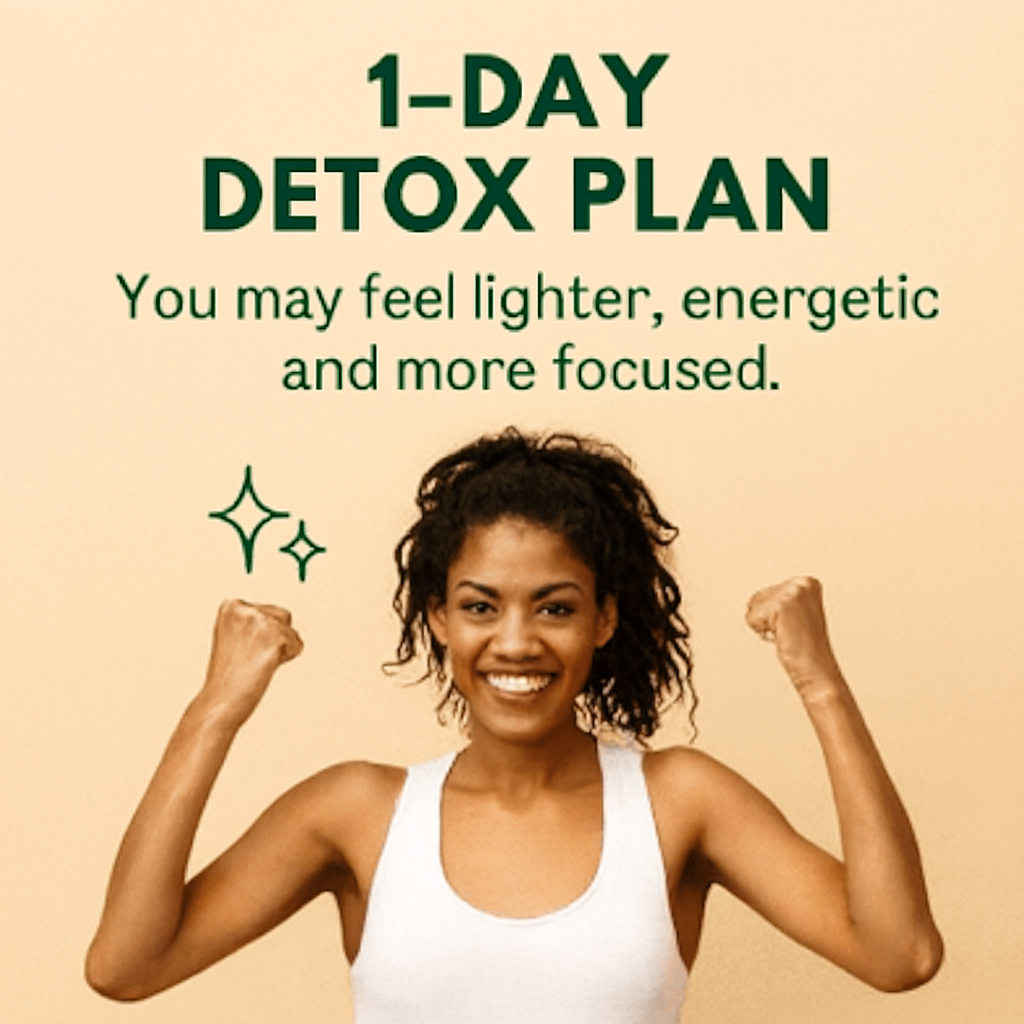 Smiling woman in a white tank top raises her fists in a triumphant pose against a beige background. Text above reads “1-Day Detox Plan – You may feel lighter, energetic and more focused.”
