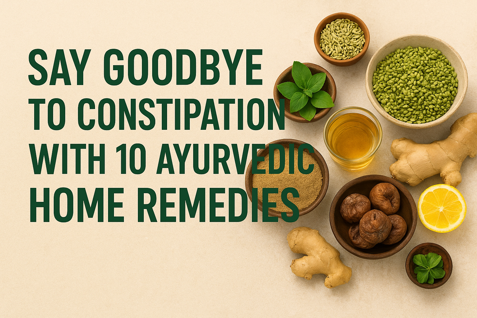 Ayurvedic home remedies for constipation featuring ginger, lemon, fennel seeds, figs, and herbal ingredients with bold text message in the center.