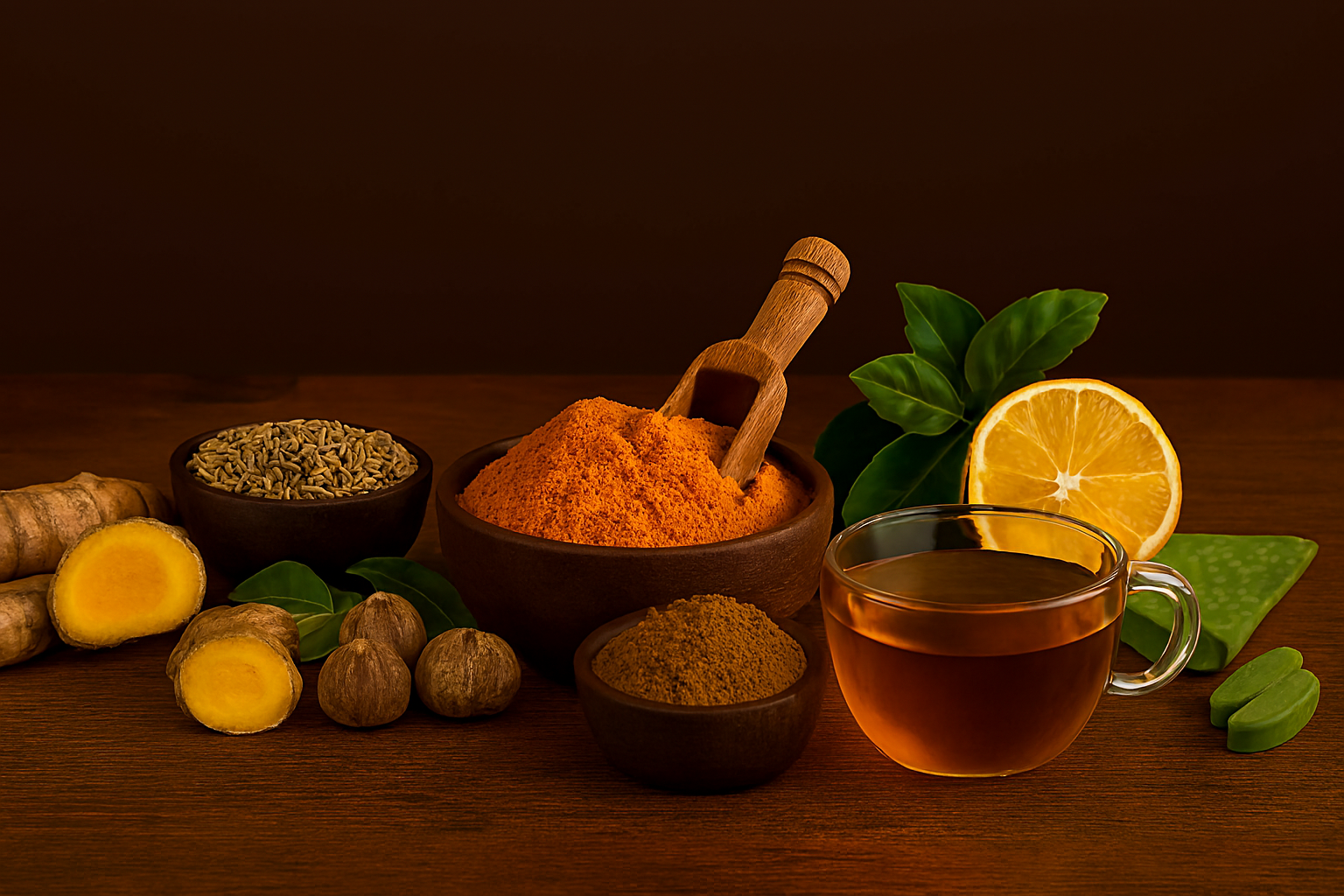Landscape image showing Ayurvedic herbs and ingredients arranged on a rustic wooden surface: turmeric powder with rhizomes, sliced ginger, fennel seeds, Triphala powder, aloe vera slices, dried fruits, and a halved lemon. A glass of herbal tea sits beside the herbs. Text overlay reads “7 Best Ayurvedic Herbs for Indigestion, Bloating & Constipation.”