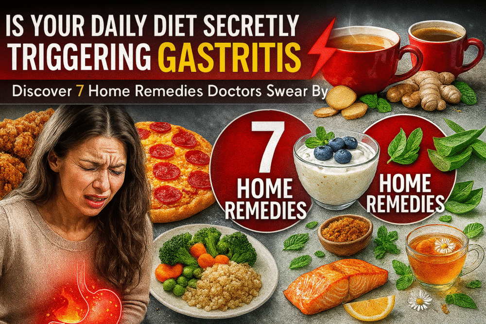 A landscape illustration showing a woman with stomach pain from fried and processed foods on the left, contrasted with healthy gastritis remedies like tea, yogurt with berries, salmon, vegetables, aloe vera, ginger, and chamomile on the right.