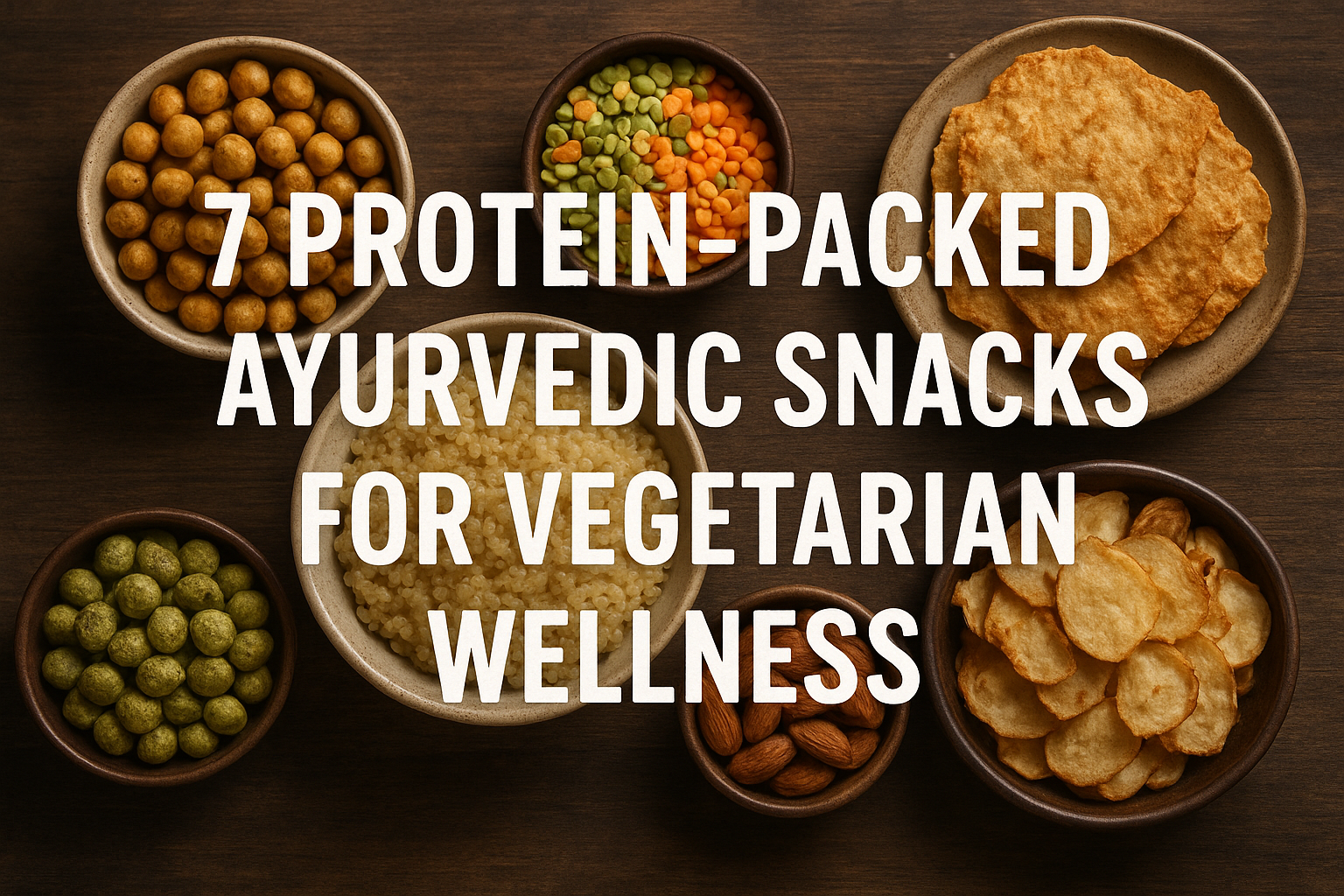 A flat lay of seven Ayurvedic protein-rich snacks in ceramic bowls and plates on a dark wooden surface, with bold text overlay reading "7 Protein-Packed Ayurvedic Snacks for Vegetarian Wellness."