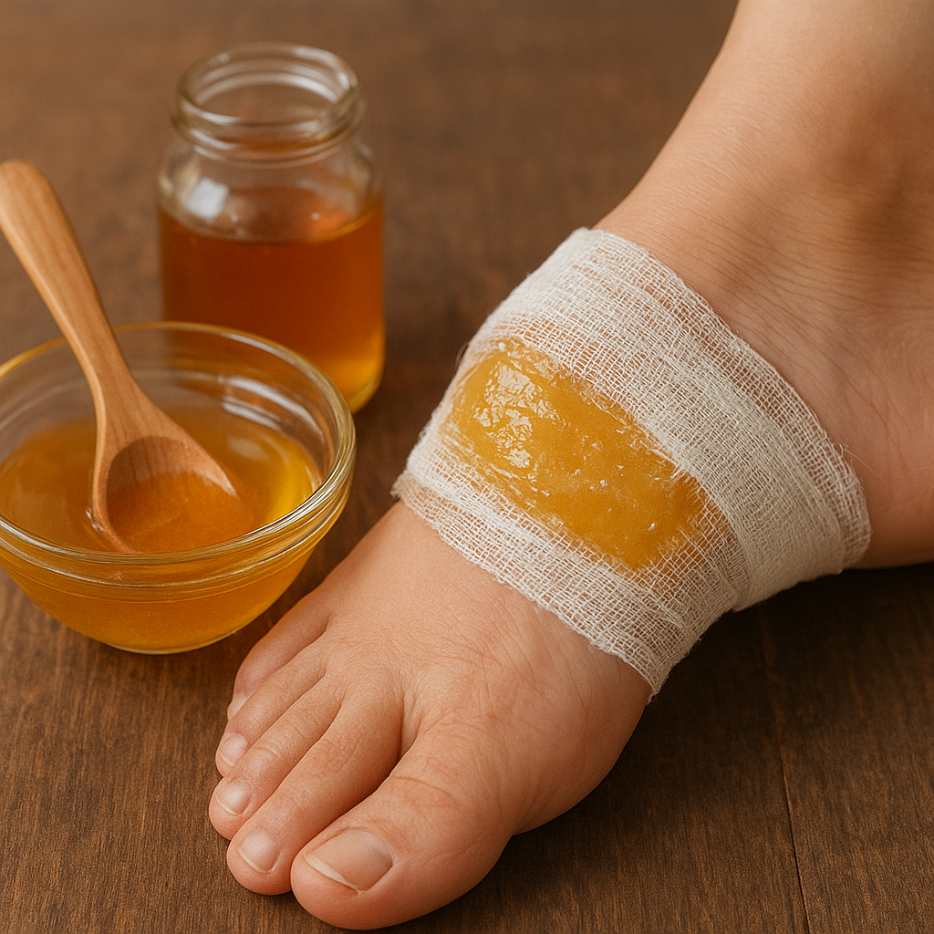 Foot with heel wrapped in gauze containing raw honey, beside a bowl and jar of honey