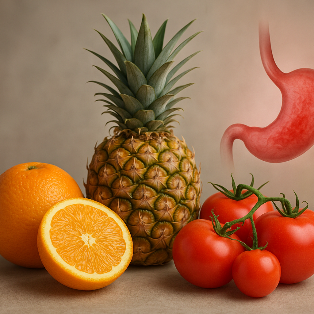 Orange, pineapple, and tomatoes placed beside an illustration of an inflamed stomach, symbolizing gastritis caused by acidic fruits on an empty stomach.