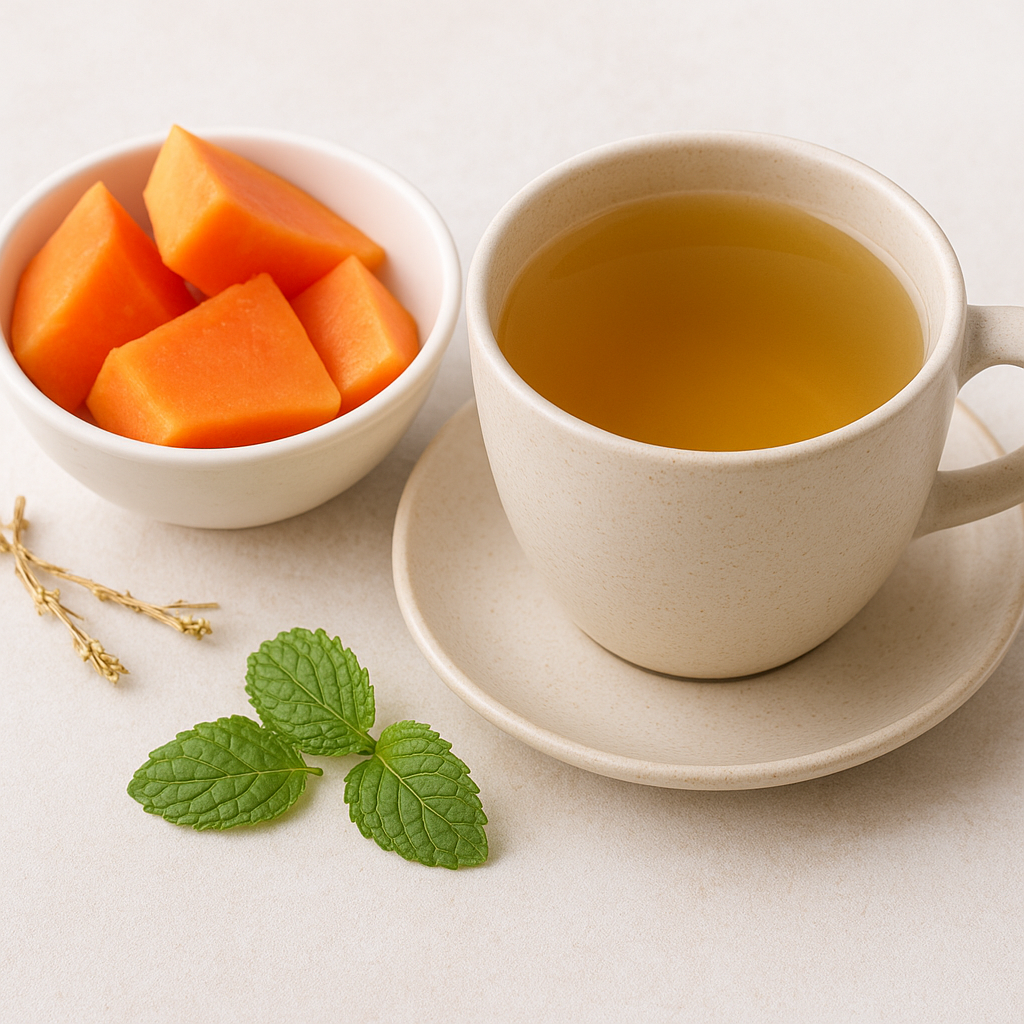 Beige ceramic cup of herbal tea with a bowl of ripe papaya slices and mint leaves on a clean surface