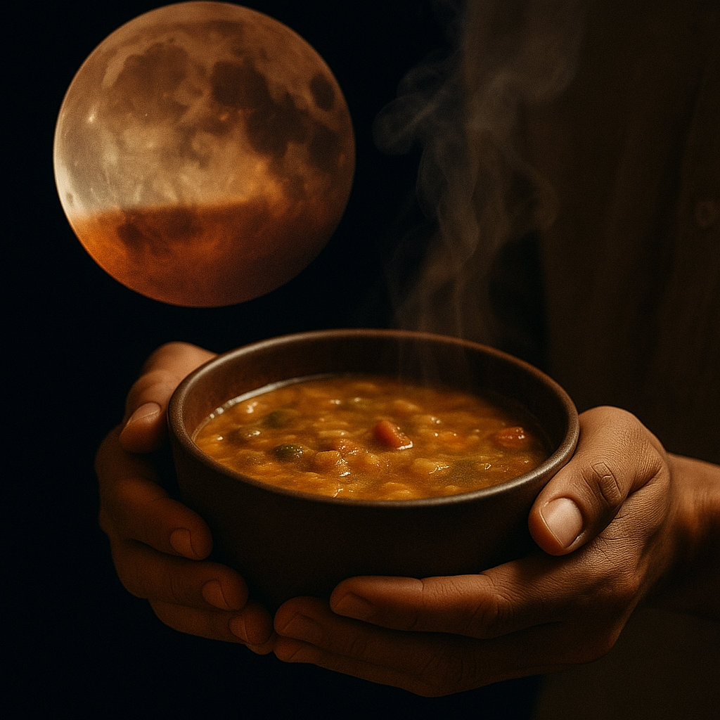 "Hands holding a steaming bowl of food under the reddish glow of a lunar eclipse, symbolizing weakened digestive fire (Agni) and toxin buildup (Ama) during Sutak Kaal."