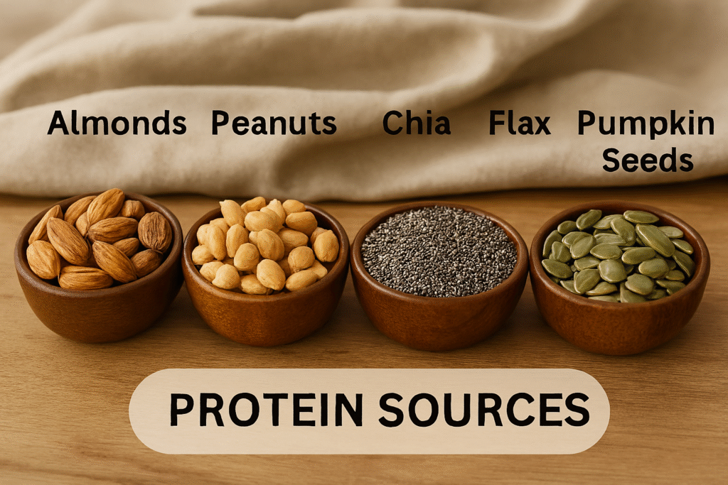 Five wooden bowls filled with almonds, peanuts, chia seeds, flax seeds, and pumpkin seeds arranged on a wooden surface with a beige linen cloth in the background, labeled as natural protein sources.