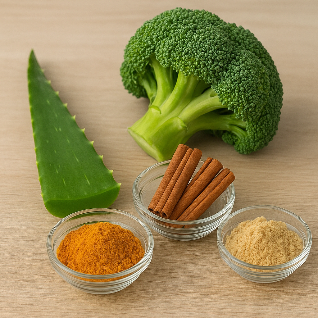 A fresh aloe vera leaf, a broccoli floret, and glass bowls filled with turmeric powder, cinnamon sticks, and ground ginger arranged on a wooden surface.
