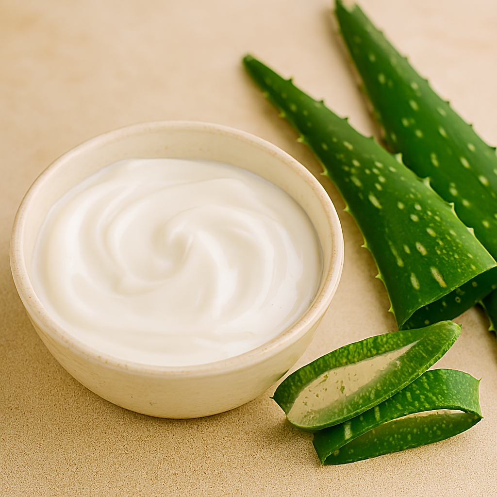 A ceramic bowl filled with thick white aloe vera or yoghurt mask beside sliced and whole aloe vera leaves on a beige stone surface.