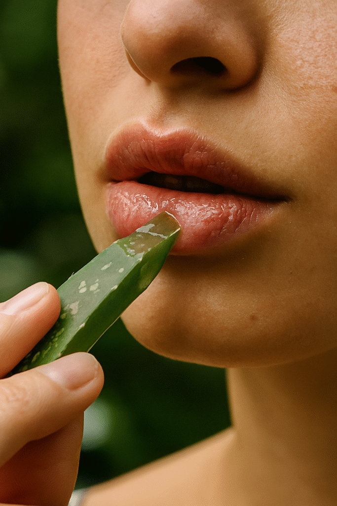 Close-up of a woman applying fresh aloe vera gel to her chapped lips using a cut leaf, with visible dry skin and a blurred green background.
