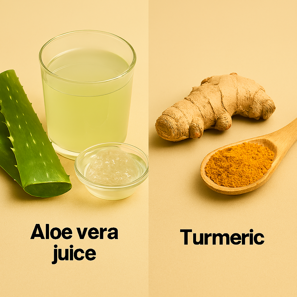 Realistic image showing a clear glass of pale green Aloe vera juice beside a fresh Aloe leaf and bowl of gel, and a wooden spoon filled with vibrant turmeric powder next to a whole turmeric root—arranged on a beige background.