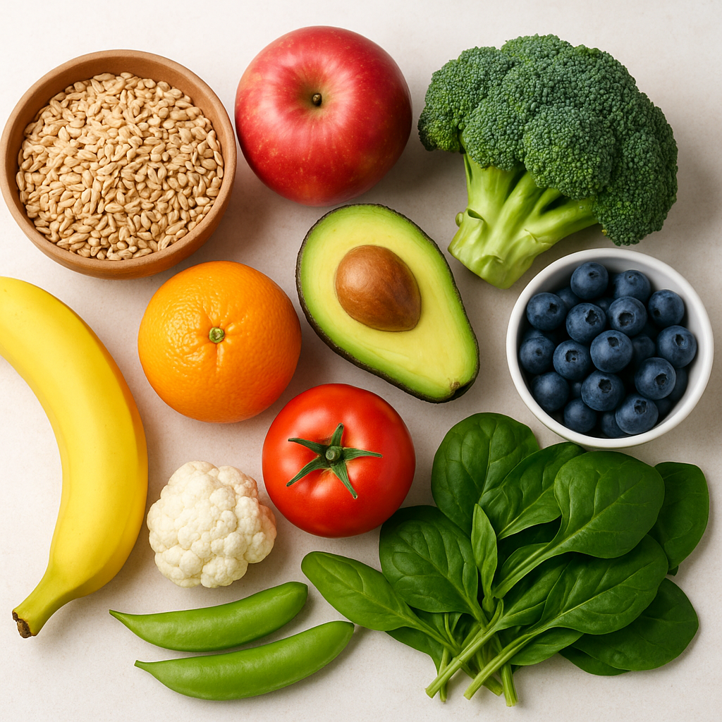 A selection of whole grains, fresh fruits, and fiber-rich vegetables arranged neatly on a table, representing an anti-inflammatory diet for gastritis.