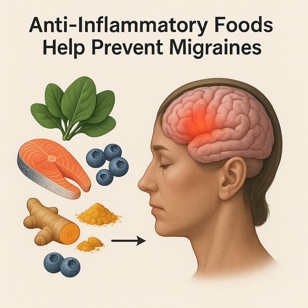 Realistic 3D illustration of anti-inflammatory foods such as salmon, spinach, blueberries, turmeric, and ginger beside a human brain showing migraine relief.