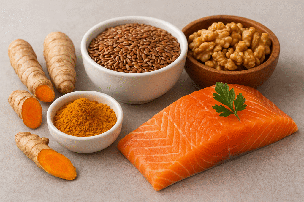 Turmeric, flaxseeds, walnuts, and a fresh salmon fillet arranged on a table.