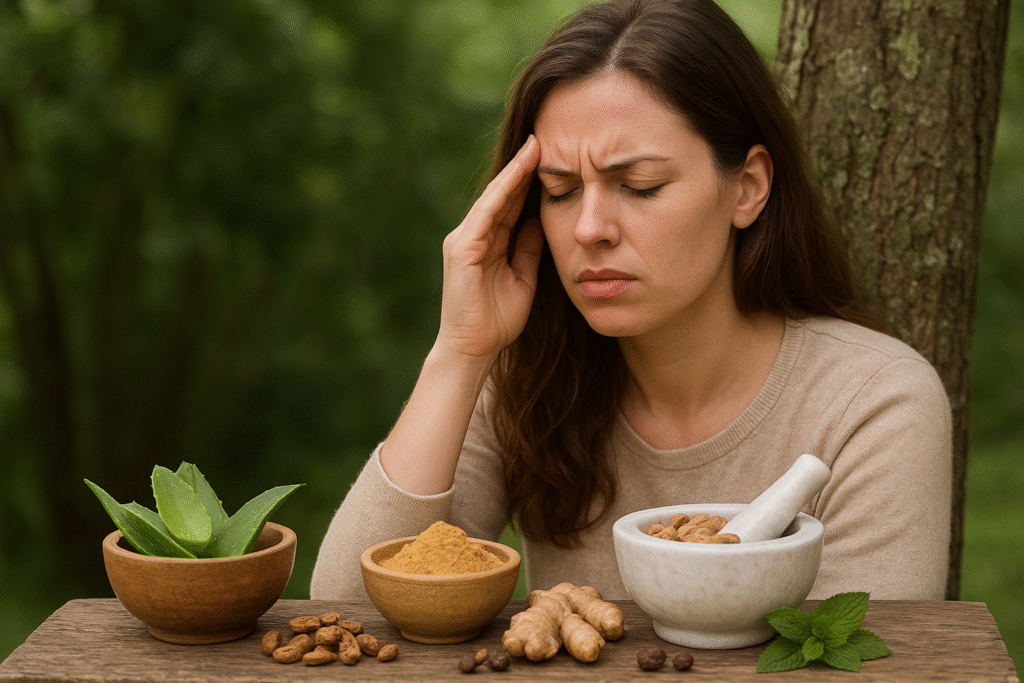 Woman holding her head in migraine pain beside Ayurvedic herbs, powders, and oils on a wooden table in a natural green background.