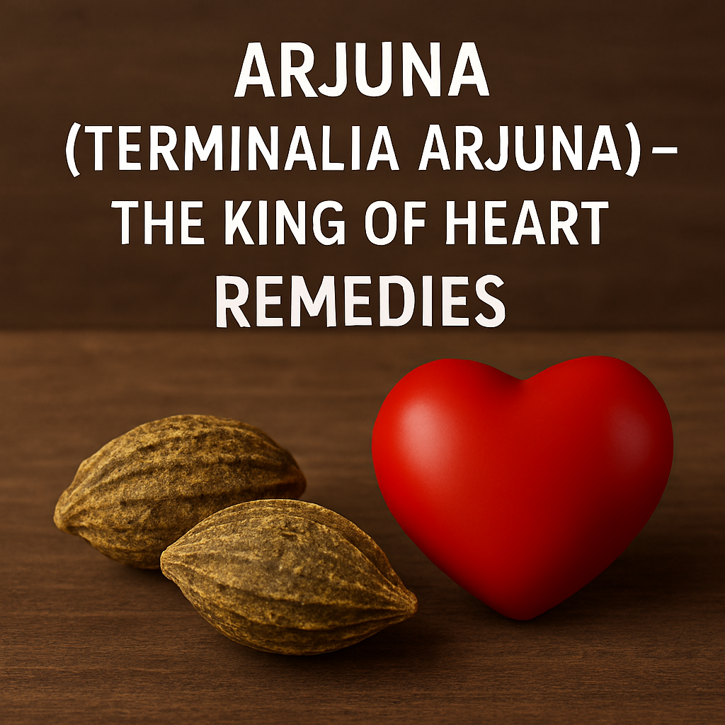 Realistic image of two dried Arjuna (Terminalia arjuna) fruits and a red heart symbol on a rustic wooden surface. Text reads “ARJUNA (TERMINALIA ARJUNA) – THE KING OF HEART REMEDIES.”