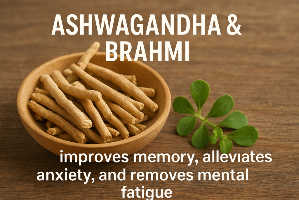 Bowl of Ashwagandha roots with fresh Brahmi leaves on a wooden table, symbolizing Ayurvedic benefits for memory, anxiety, and mental fatigue.