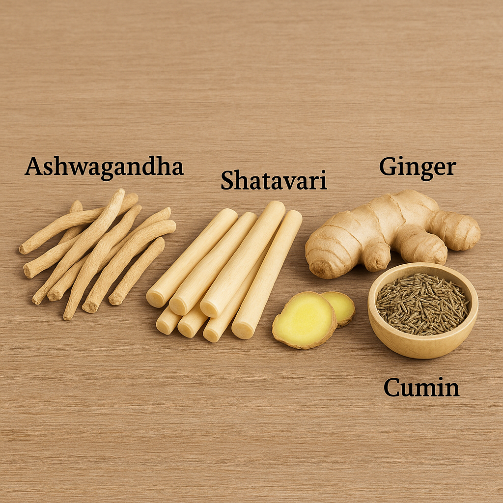 A realistic photo showing Ashwagandha roots, Shatavari sticks, fresh ginger root with slices, and cumin seeds in a wooden bowl on a wooden background.