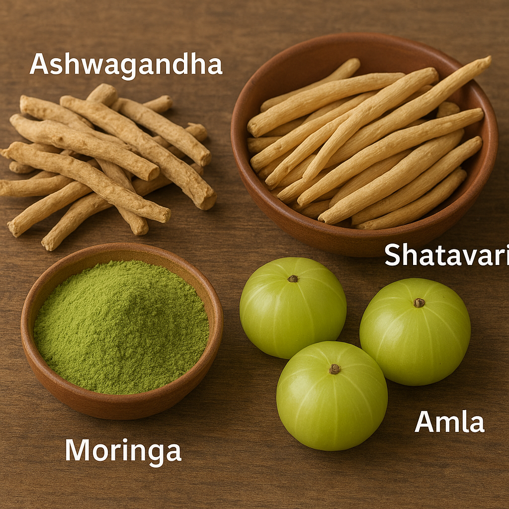 A realistic image showing ashwagandha roots, shatavari roots in a bowl, moringa powder in a bowl, and fresh amla fruits on a wooden surface.