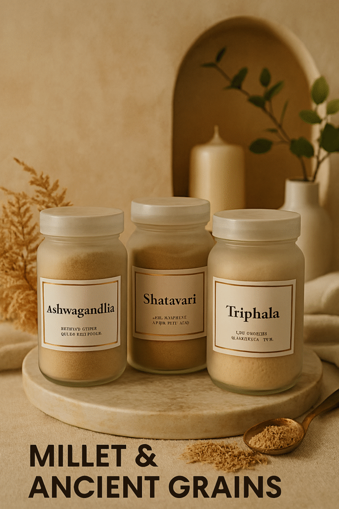 Three frosted glass jars labeled Ashwagandha, Shatavari, and Triphala placed on a marble slab with a brass spoon and herbal powder, set against a warm, textured background with botanical accents.