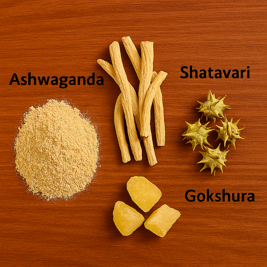 Top-down image of three Ayurvedic herbs—Ashwagandha powder, Shatavari dried roots, and Gokshura fruits—arranged on a wooden surface with soft lighting and labeled clearly.