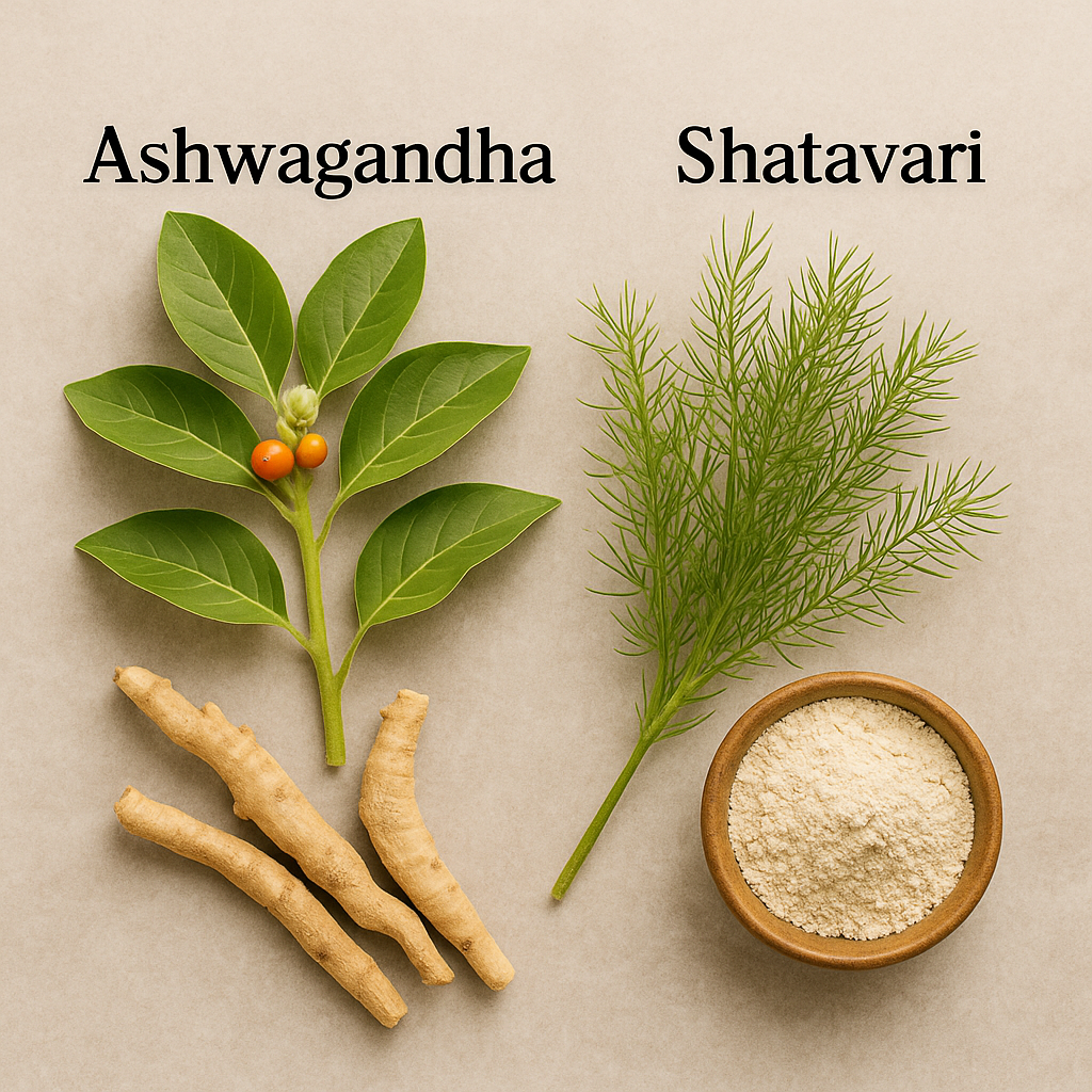 Realistic image of Ashwagandha roots, leaves, and berries alongside Shatavari roots, feathery leaves, and powdered form, used in Ayurveda for stress relief, fertility, and hormone balance