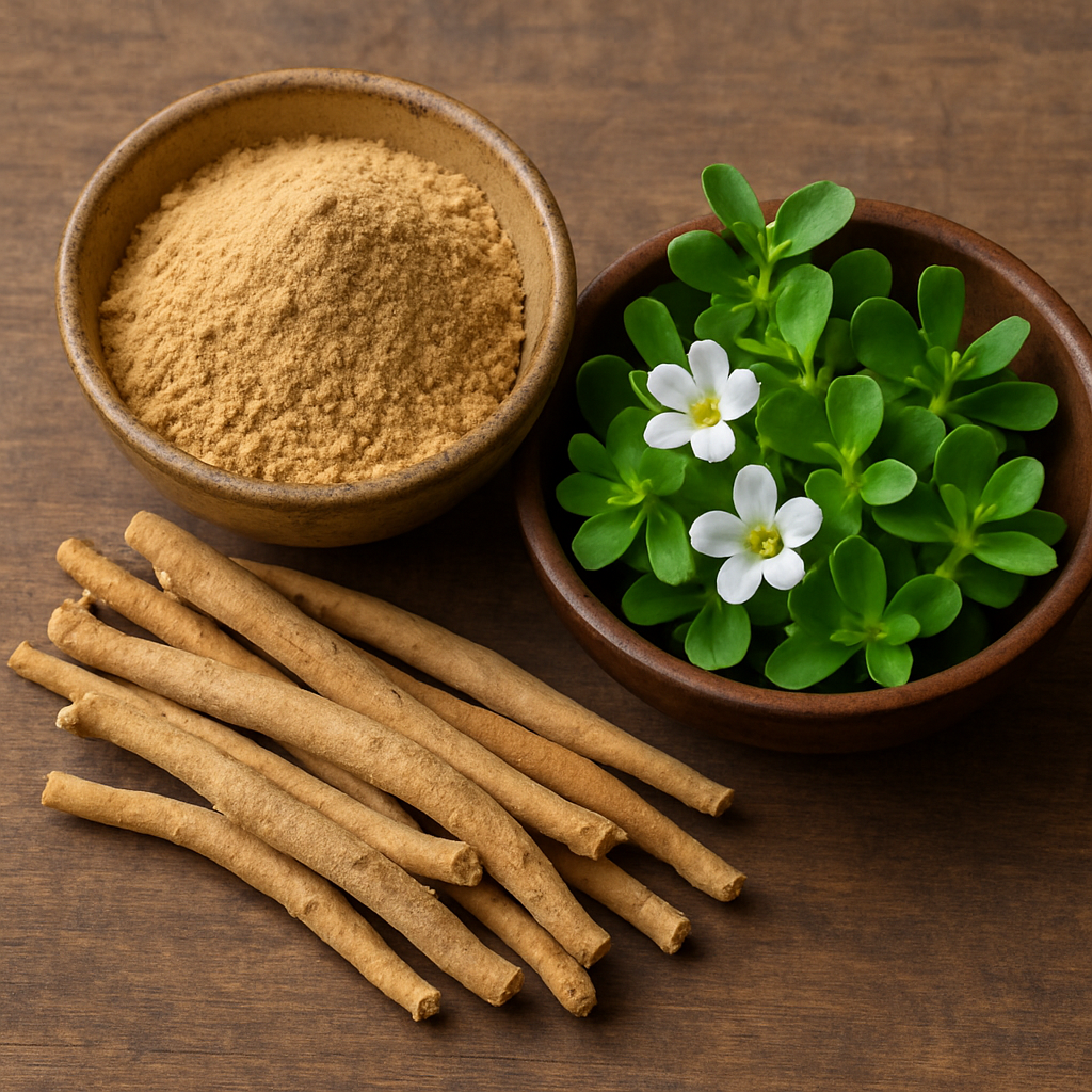 A bowl of Ashwagandha powder with roots placed beside a bowl of fresh Brahmi leaves and small white flowers.