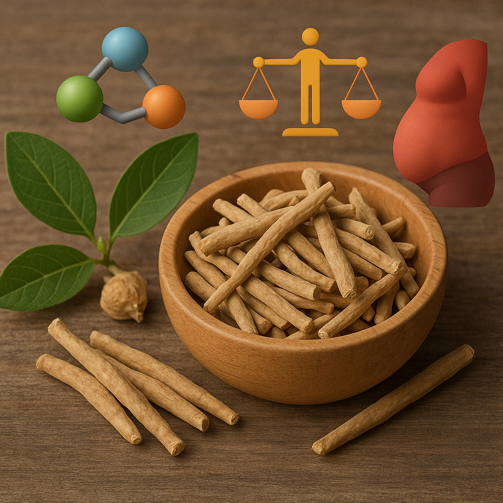 Ashwagandha roots in a wooden bowl with leaves, shown alongside hormone molecules, a balance symbol, and a belly figure representing stress and hormonal effects.
