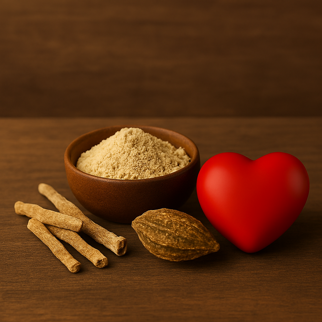 Realistic image of dried Ashwagandha roots, a bowl of Ashwagandha powder, and a red heart symbol on a rustic wooden surface. Text reads “Ashwagandha functions as an adaptogen in nature. In support with Ayurvedic lifestyle tips for healthy blood circulation.”